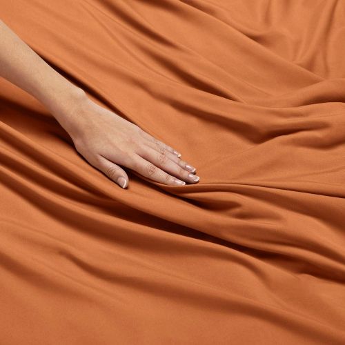  Nestl Bedding Soft Sheets Set  4 Piece Bed Sheet Set, 3-Line Design Pillowcases  Easy Care, Wrinkle  10”16” Deep Pocket Fitted Sheets  Warranty Included  Flex-Top King, Rust