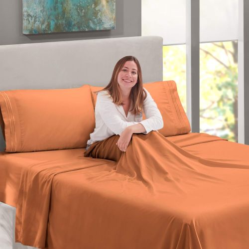  Nestl Bedding Soft Sheets Set  4 Piece Bed Sheet Set, 3-Line Design Pillowcases  Easy Care, Wrinkle  10”16” Deep Pocket Fitted Sheets  Warranty Included  Flex-Top King, Rust