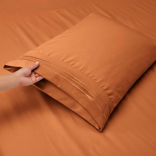  Nestl Bedding Soft Sheets Set  4 Piece Bed Sheet Set, 3-Line Design Pillowcases  Easy Care, Wrinkle  10”16” Deep Pocket Fitted Sheets  Warranty Included  Flex-Top King, Rust