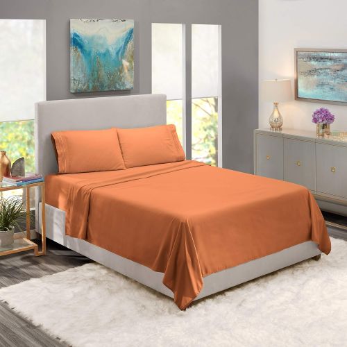  Nestl Bedding Soft Sheets Set  4 Piece Bed Sheet Set, 3-Line Design Pillowcases  Easy Care, Wrinkle  10”16” Deep Pocket Fitted Sheets  Warranty Included  Flex-Top King, Rust