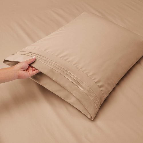  Nestl Bedding Soft Sheets Set  4 Piece Bed Sheet Set, 3-Line Design Pillowcases  Easy Care, Wrinkle  10”16” Deep Pocket Fitted Sheets  Warranty Included  Flex-Top King, Taupe