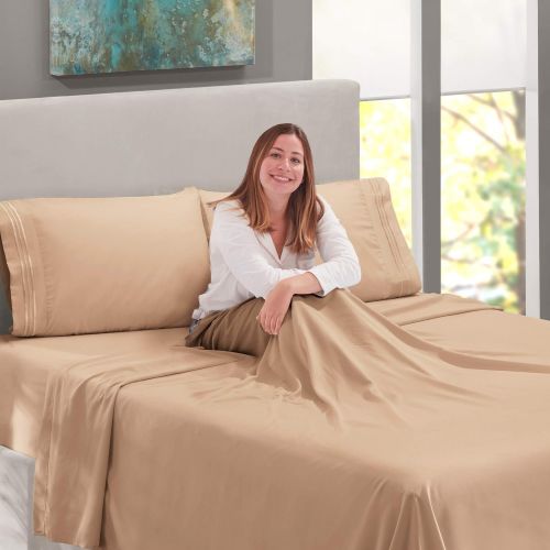  Nestl Bedding Soft Sheets Set  4 Piece Bed Sheet Set, 3-Line Design Pillowcases  Easy Care, Wrinkle  10”16” Deep Pocket Fitted Sheets  Warranty Included  Flex-Top King, Taupe