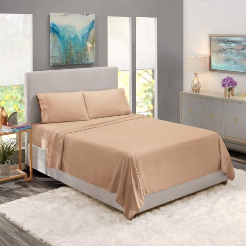  Nestl Bedding Soft Sheets Set  4 Piece Bed Sheet Set, 3-Line Design Pillowcases  Easy Care, Wrinkle  10”16” Deep Pocket Fitted Sheets  Warranty Included  Flex-Top King, Taupe