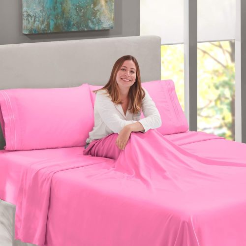  Nestl Bedding Soft Sheets Set  4 Piece Bed Sheet Set, 3-Line Design Pillowcases  Easy Care, Wrinkle  10”16” Deep Pocket Fitted Sheets  Warranty Included  Flex-Top King, Light