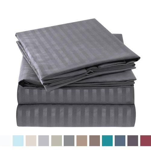  Nestl Bedding Damask Dobby Stripe 4 Piece Set  14”-16” Deep Pocket Fitted Sheet  Ultra Soft Double Brushed Microfiber Top Sheet  2 Hypoallergenic Wrinkle Free Pillow Cases, RV/S