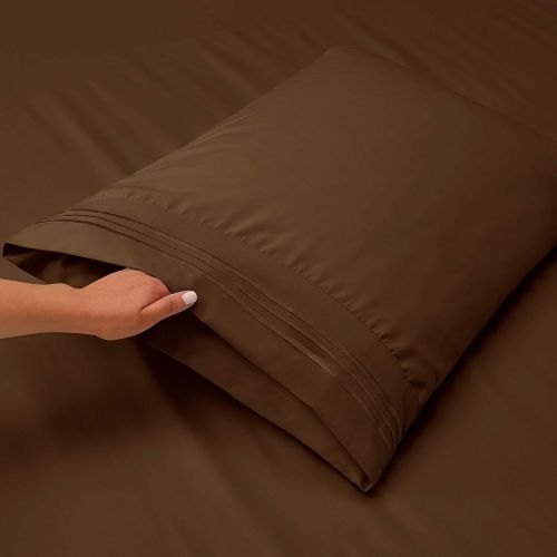  Nestl Bedding Soft Sheets Set  4 Piece Bed Sheet Set, 3-Line Design Pillowcases  Easy Care, Wrinkle  10”16” Deep Pocket Fitted Sheets  Warranty Included  Flex-Top King, Brown