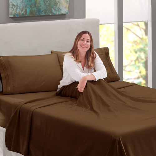  Nestl Bedding Soft Sheets Set  4 Piece Bed Sheet Set, 3-Line Design Pillowcases  Easy Care, Wrinkle  10”16” Deep Pocket Fitted Sheets  Warranty Included  Flex-Top King, Brown