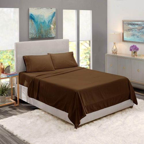  Nestl Bedding Soft Sheets Set  4 Piece Bed Sheet Set, 3-Line Design Pillowcases  Easy Care, Wrinkle  10”16” Deep Pocket Fitted Sheets  Warranty Included  Flex-Top King, Brown