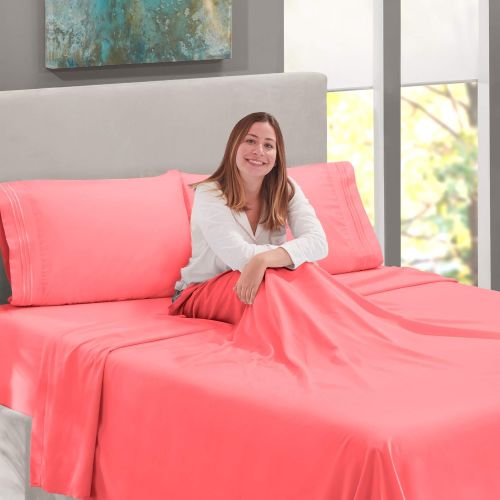  Nestl Bedding Soft Sheets Set  4 Piece Bed Sheet Set, 3-Line Design Pillowcases  Easy Care, Wrinkle Free  Good Fit Deep Pockets Fitted Sheet  Warranty Included  Full XL, Coral