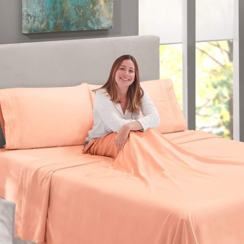  Nestl Bedding Soft Sheets Set  4 Piece Bed Sheet Set, 3-Line Design Pillowcases  Easy Care, Wrinkle  10”16” Deep Pocket Fitted Sheets  Warranty Included  Flex-Top King, Peach