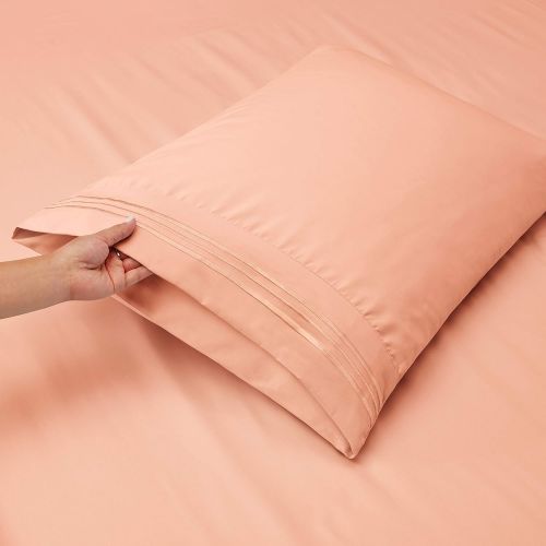  Nestl Bedding Soft Sheets Set  4 Piece Bed Sheet Set, 3-Line Design Pillowcases  Easy Care, Wrinkle  10”16” Deep Pocket Fitted Sheets  Warranty Included  Flex-Top King, Peach