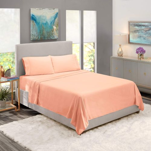  Nestl Bedding Soft Sheets Set  4 Piece Bed Sheet Set, 3-Line Design Pillowcases  Easy Care, Wrinkle  10”16” Deep Pocket Fitted Sheets  Warranty Included  Flex-Top King, Peach