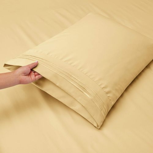  Nestl Bedding Soft Sheets Set  4 Piece Bed Sheet Set, 3-Line Design Pillowcases  Easy Care, Wrinkle  10”16” Deep Pocket Fitted Sheets Warranty Included  Flex-Top King, Vinalla