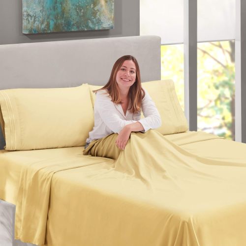  Nestl Bedding Soft Sheets Set  4 Piece Bed Sheet Set, 3-Line Design Pillowcases  Easy Care, Wrinkle  10”16” Deep Pocket Fitted Sheets Warranty Included  Flex-Top King, Vinalla