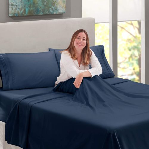  Nestl Bedding Soft Sheets Set  4 Piece Bed Sheet Set, 3-Line Design Pillowcases  Easy Care, Wrinkle Free  Good Fit Deep Pockets Fitted Sheet  Warranty Included  Queen, Navy Bl
