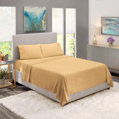  Nestl Bedding Soft Sheets Set  4 Piece Bed Sheet Set, 3-Line Design Pillowcases  Easy Care, Wrinkle  10”16” Deep Pocket Fitted Sheets  Warranty Included  Flex-Top King, Gold