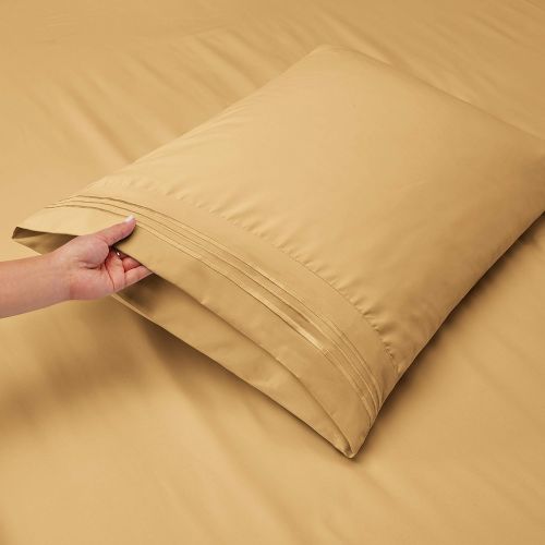  Nestl Bedding Soft Sheets Set  4 Piece Bed Sheet Set, 3-Line Design Pillowcases  Easy Care, Wrinkle  10”16” Deep Pocket Fitted Sheets  Warranty Included  Flex-Top King, Gold