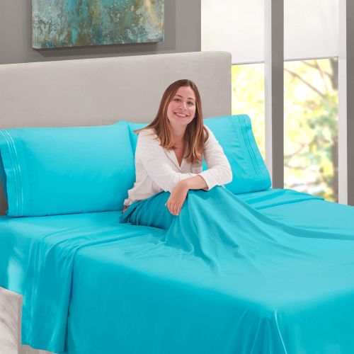  Nestl Bedding Soft Sheets Set  4 Piece Bed Sheet Set, 3-Line Design Pillowcases  Easy Care, Wrinkle Free  Good Fit Deep Pockets Fitted Sheet  Warranty Included  Full, Beach Bl