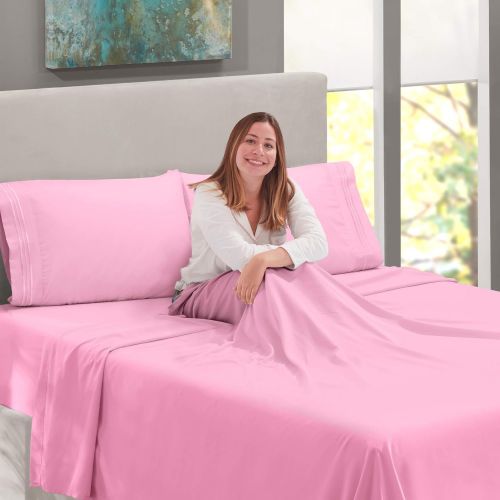  Nestl Bedding Soft Sheets Set  4 Piece Bed Sheet Set, 3-Line Design Pillowcases  Easy Care, Wrinkle  10”16” Deep Pocket Fitted Sheets  Warranty Included  Flex-Top King, Lilac