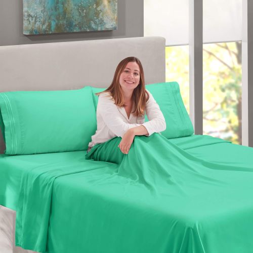  Nestl Bedding Soft Sheets Set  4 Piece Bed Sheet Set, 3-Line Design Pillowcases  Easy Care, Wrinkle  10”16” Deep Pocket Fitted Sheets  Warranty Included  Flex-Top King, Mint