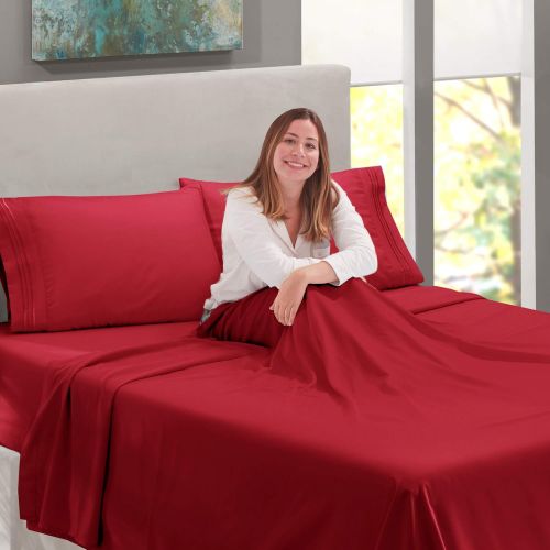  Nestl Bedding Soft Sheets Set  5 Piece Bed Sheet Set, 3-Line Design Pillowcases  Wrinkle Free  2 Fit Deep Pocket Fitted Sheets  Free Warranty Included  Split King, Burgundy Re