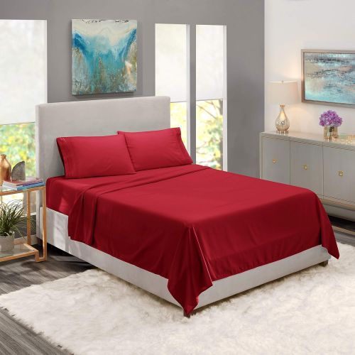  Nestl Bedding Soft Sheets Set  5 Piece Bed Sheet Set, 3-Line Design Pillowcases  Wrinkle Free  2 Fit Deep Pocket Fitted Sheets  Free Warranty Included  Split King, Burgundy Re