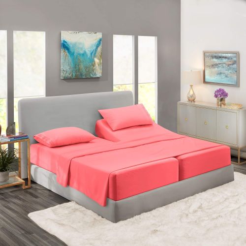  Nestl Bedding Soft Sheets Set  5 Piece Bed Sheet Set, 3-Line Design Pillowcases  Wrinkle Free  2 Fit Deep Pocket Fitted Sheets  Free Warranty Included  Split King, Coral Pink