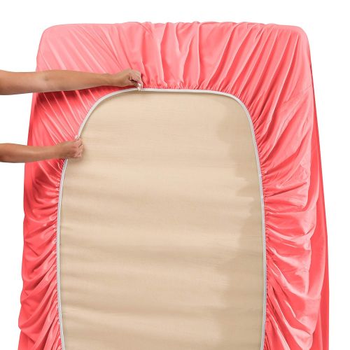  Nestl Bedding Soft Sheets Set  5 Piece Bed Sheet Set, 3-Line Design Pillowcases  Wrinkle Free  2 Fit Deep Pocket Fitted Sheets  Free Warranty Included  Split King, Coral Pink