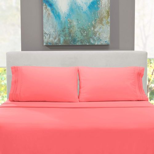  Nestl Bedding Soft Sheets Set  5 Piece Bed Sheet Set, 3-Line Design Pillowcases  Wrinkle Free  2 Fit Deep Pocket Fitted Sheets  Free Warranty Included  Split King, Coral Pink