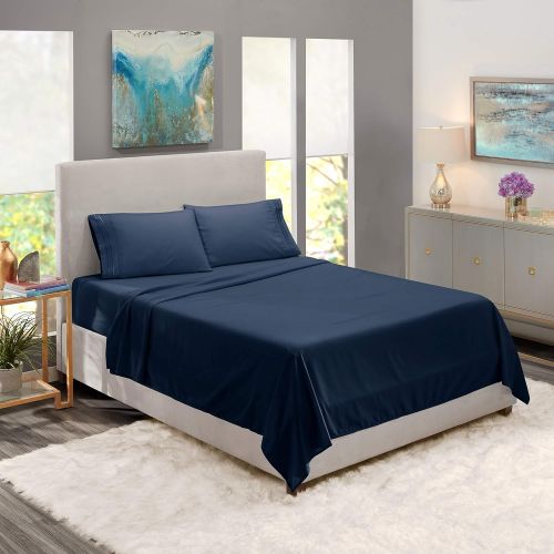  Nestl Bedding Soft Sheets Set  4 Piece Bed Sheet Set, 3-Line Design Pillowcases  Easy Care, Wrinkle  10”16” Deep Pocket Fitted Sheets  Warranty Included  Flex-Top King, Navy