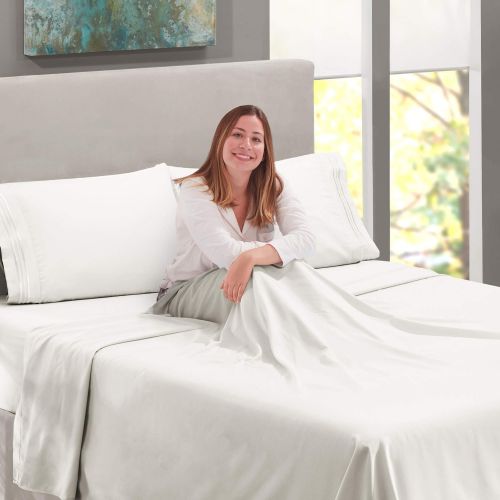  Nestl Bedding Soft Sheets Set  4 Piece Bed Sheet Set, 3-Line Design Pillowcases  Easy Care, Wrinkle  10”16” Deep Pocket Fitted Sheets  Warranty Included  Flex-Top King, White