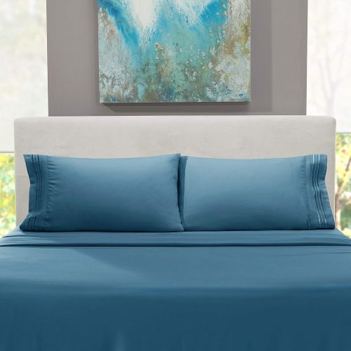  Nestl Bedding Soft Sheets Set  4 Piece Bed Sheet Set, 3-Line Design Pillowcases  Easy Care, Wrinkle  10”16” Deep Pocket Fitted Sheets  Warranty Included  Flex-Top King, Blue