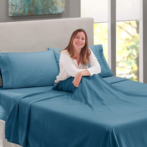  Nestl Bedding Soft Sheets Set  4 Piece Bed Sheet Set, 3-Line Design Pillowcases  Easy Care, Wrinkle  10”16” Deep Pocket Fitted Sheets  Warranty Included  Flex-Top King, Blue