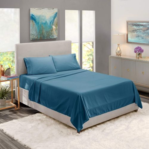  Nestl Bedding Soft Sheets Set  4 Piece Bed Sheet Set, 3-Line Design Pillowcases  Easy Care, Wrinkle  10”16” Deep Pocket Fitted Sheets  Warranty Included  Flex-Top King, Blue