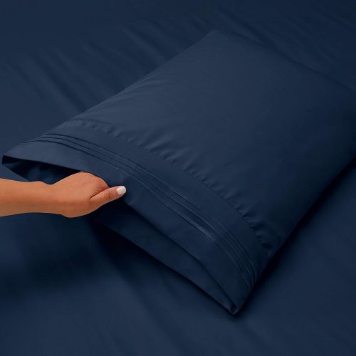  Nestl Bedding Soft Sheets Set  4 Piece Bed Sheet Set, 3-Line Design Pillowcases  Easy Care, Wrinkle Free  Good Fit Deep Pockets Fitted Sheet  Warranty Included  Cal King, Navy