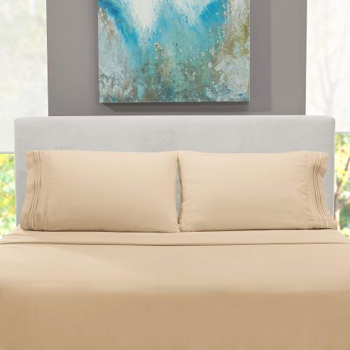  Nestl Bedding Soft Sheets Set  4 Piece Bed Sheet Set, 3-Line Design Pillowcases  Easy Care, Wrinkle  10”16” Deep Pocket Fitted Sheets  Warranty Included  Flex-Top King, Beige