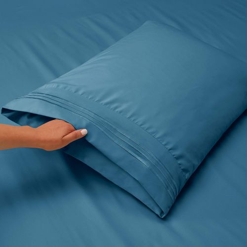  Nestl Bedding Soft Sheets Set  4 Piece Bed Sheet Set, 3-Line Design Pillowcases  Easy Care, Wrinkle Free  Good Fit Deep Pockets Fitted Sheet  Warranty Included  Queen, Blue He