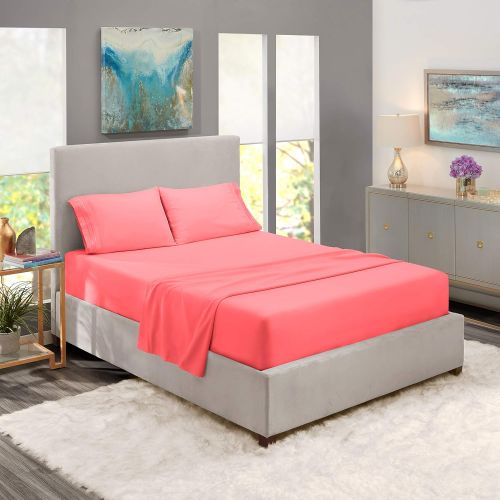  Nestl Bedding Soft Sheets Set  4 Piece Bed Sheet Set, 3-Line Design Pillowcases  Easy Care, Wrinkle Free  Good Fit Deep Pockets Fitted Sheet  Warranty Included  Queen, Coral P