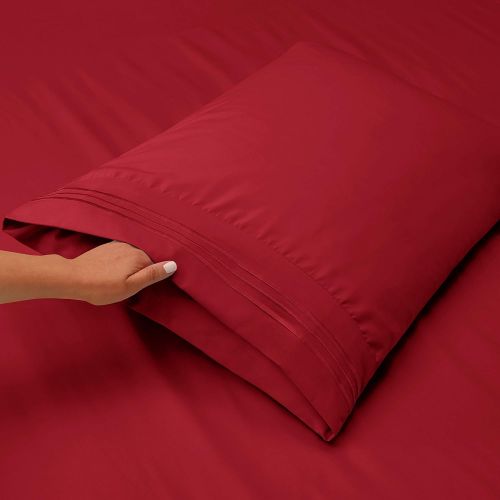  Nestl Bedding Soft Sheets Set  3 Piece Bed Sheet Set, 3-Line Design Pillowcase  Wrinkle Free  10”16” Inches Deep Pocket Fitted Sheets  Warranty Included  Twin XL, Burgundy Re