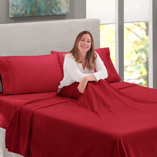  Nestl Bedding Soft Sheets Set  3 Piece Bed Sheet Set, 3-Line Design Pillowcase  Wrinkle Free  10”16” Inches Deep Pocket Fitted Sheets  Warranty Included  Twin XL, Burgundy Re