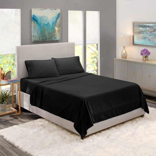  Nestl Bedding Soft Sheets Set  4 Piece Bed Sheet Set, 3-Line Design Pillowcases  Easy Care, Wrinkle  10”16” Deep Pocket Fitted Sheets  Warranty Included  Flex-Top King, Black