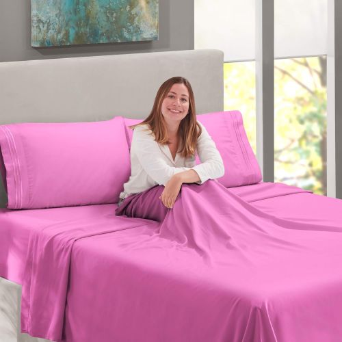  Nestl Bedding Soft Sheets Set  4 Piece Bed Sheet Set, 3-Line Design Pillowcases  Easy Care, Wrinkle  10”16” Deep Pocket Fitted Sheets Warranty Included  Flex-Top King, Orchid