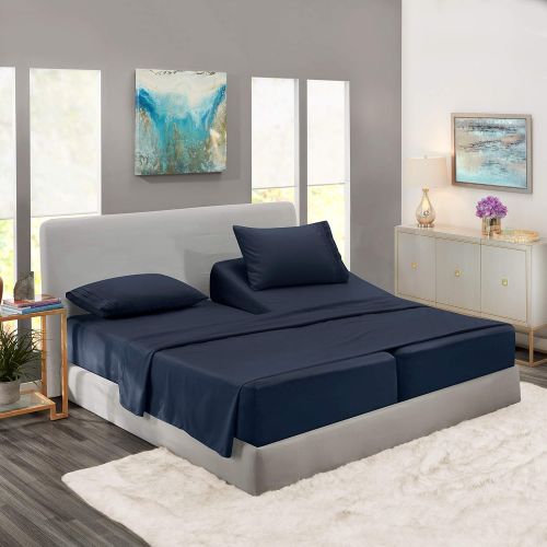  Nestl Bedding Soft Sheets Set  5 Piece Bed Sheet Set, 3-Line Design Pillowcases  Wrinkle Free  2 Fit Deep Pocket Fitted Sheets  Free Warranty Included  Split King, Navy Blue