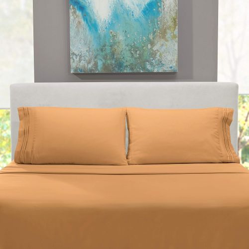  Nestl Bedding Soft Sheets Set  4 Piece Bed Sheet Set, 3-Line Design Pillowcases  Easy Care, Wrinkle  10”16” Deep Pocket Fitted Sheets  Warranty Included  Flex-Top King, Mocha