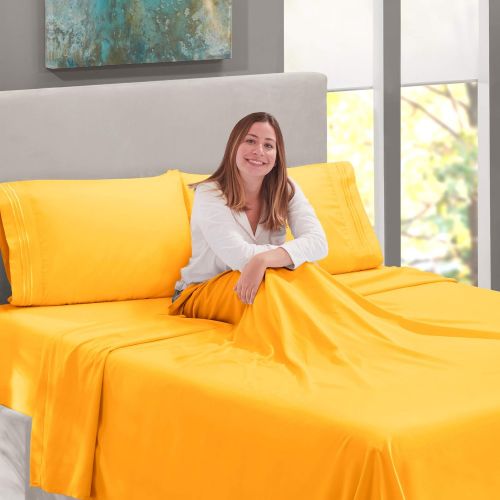  Nestl Bedding Soft Sheets Set  4 Piece Bed Sheet Set, 3-Line Design Pillowcases  Easy Care, Wrinkle  10”16” Deep Pocket Fitted Sheets  Warranty Included  Flex-Top King, Yello