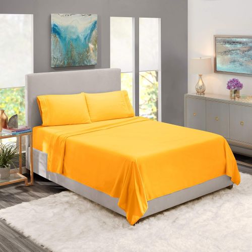  Nestl Bedding Soft Sheets Set  4 Piece Bed Sheet Set, 3-Line Design Pillowcases  Easy Care, Wrinkle  10”16” Deep Pocket Fitted Sheets  Warranty Included  Flex-Top King, Yello