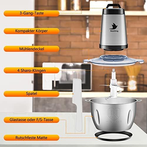 네슬레 Nestling Universal Universalzerkleinerer 1.2L elektrisch Glasbehalter Kuechenmaschine Zwiebelschneider Mixer,Kuechenhelfer fuer Gemuese,500W Multi-Zerkleinerer fuer Fleisch,Gemuese