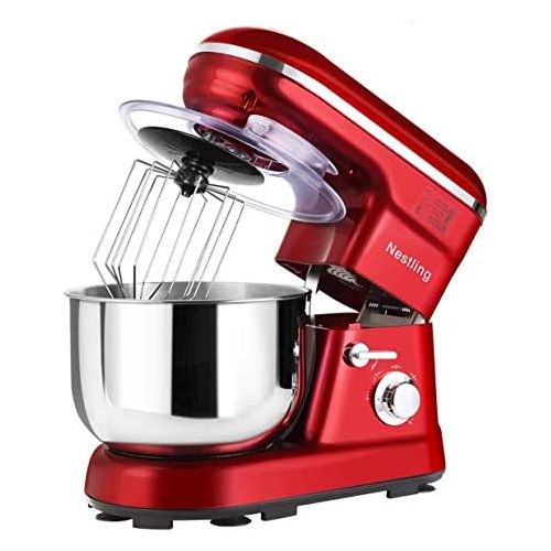 네슬레 Nestling Kuechenmaschine leistungsstarke Knetmaschine Gerauscharm 1200W (5-Geschwindigkeit 5 Liter Edelstahl) Spritzschutz, Inklusive Quirl, Knethaken & Schneebesen (Rot)