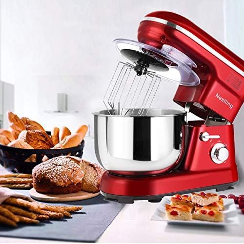 네슬레 Nestling Kuechenmaschine leistungsstarke Knetmaschine Gerauscharm 1200W (5-Geschwindigkeit 5 Liter Edelstahl) Spritzschutz, Inklusive Quirl, Knethaken & Schneebesen (Rot)