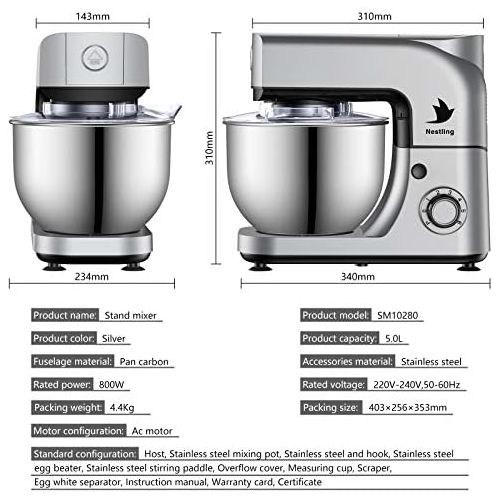 네슬레 Nestling Food Processor 800 W Kneading Machine Mixing Machine with 5 L Stainless Steel Mixing Bowl, 6 Speeds Low Noise Dough Kneading Machine, Bat, Dough Hook & Whisk Silver